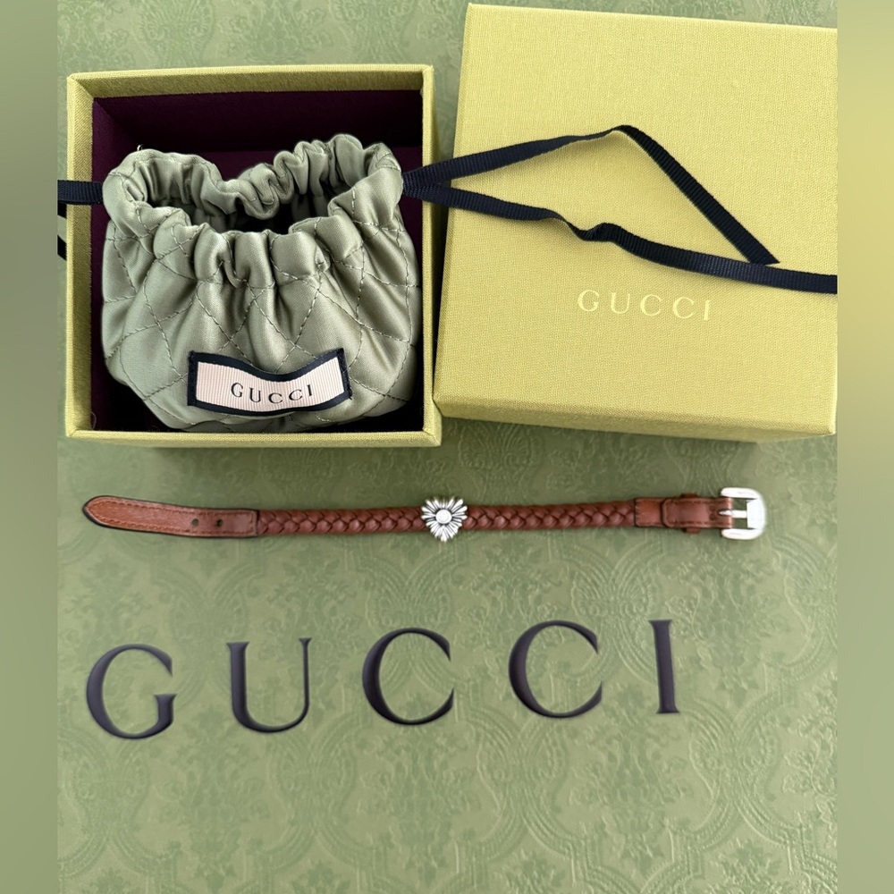 New GUCCI Interlocking G Engraved Love Brown Silver Leather Bracelet💝Uni… - Picture 13 of 15